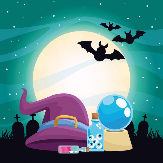 Ilustração escura de halloween com acessórios de bruxa