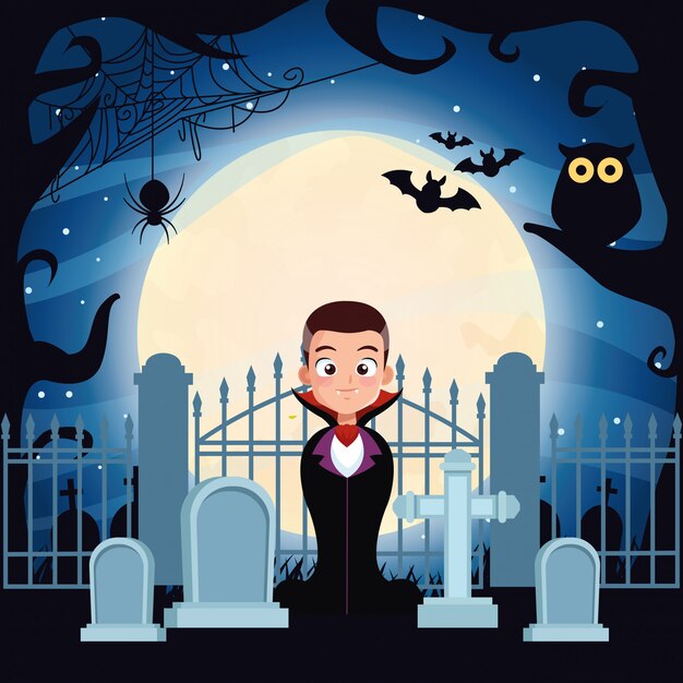 Ilustração escura de Halloween com disfarce de menino de Drácula
