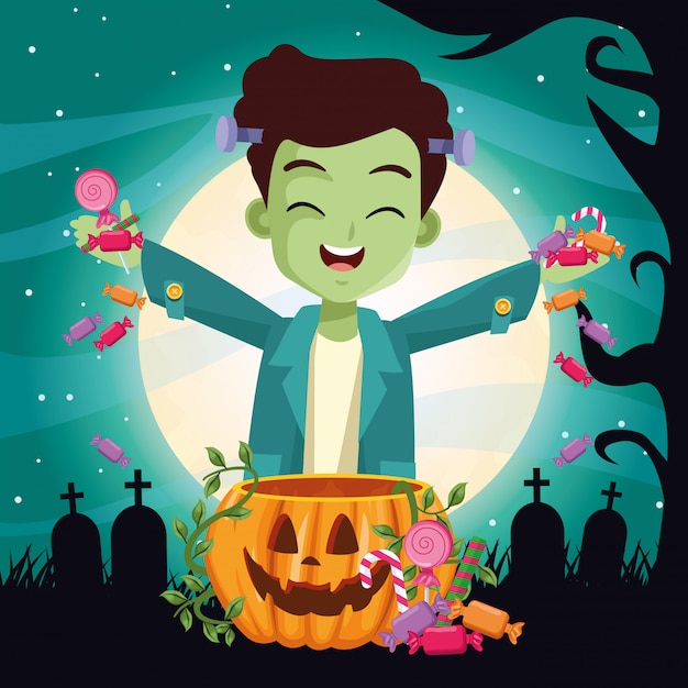 Ilustração escura de halloween com disfarce de menino de frankenstein