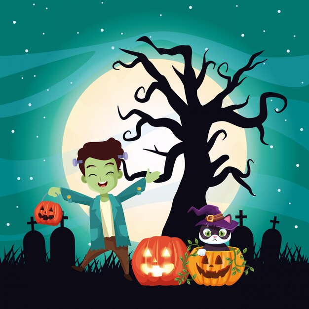 Ilustração escura de Halloween com disfarce de menino de frankenstein