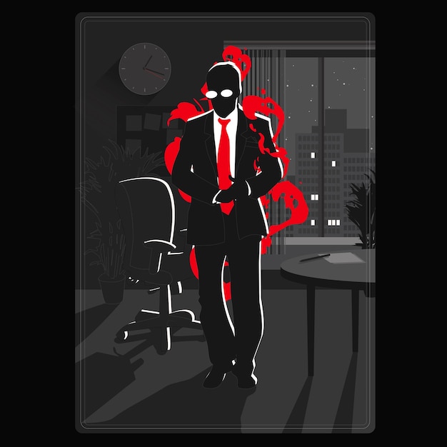 Ilustração escura de um intruso de escritório Um cartão de silhueta de um trabalhador inimigo