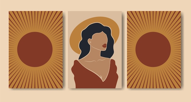 Ilustração estética de verão com jovem e sol cartaz de arte contemporânea com senhora de vestido vermelho mulher caucasiana sem rosto minimalista coleção de obras de arte abstratas de impressão do pôr do sol