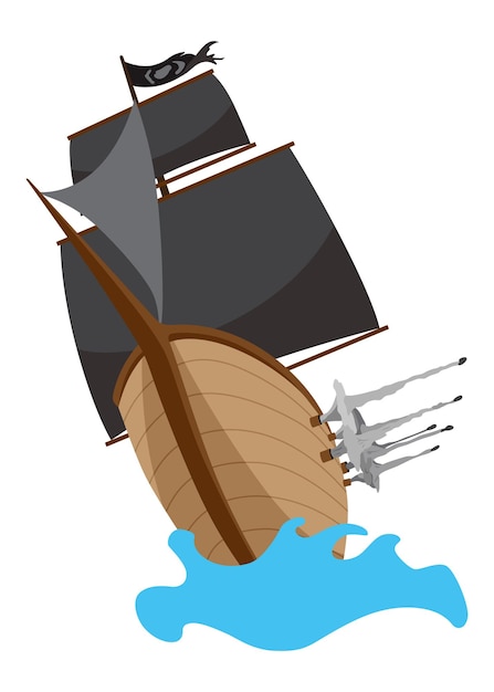 Ilustração estilizada de um navio pirata de desenho animado com velas pretas
