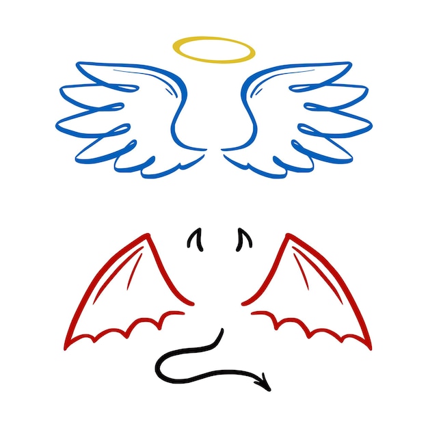 Vetor ilustração estilizada do vetor do anjo e do diabo. anjo com asa, auréola. diabo com asa e cauda. estilo de esboço de linha desenhada de mão.