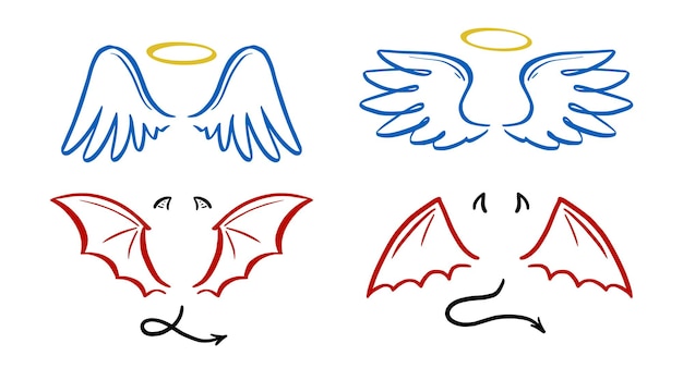 Vetor ilustração estilizada do vetor do anjo e do diabo. anjo com asa, auréola. diabo com asa e cauda. estilo de esboço de linha desenhada de mão.