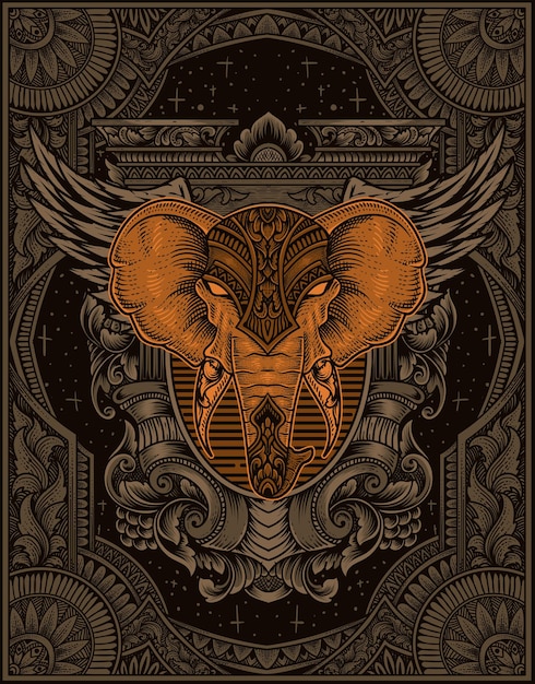 Ilustração estilo de ornamento de gravura de cabeça de elefante com máscara