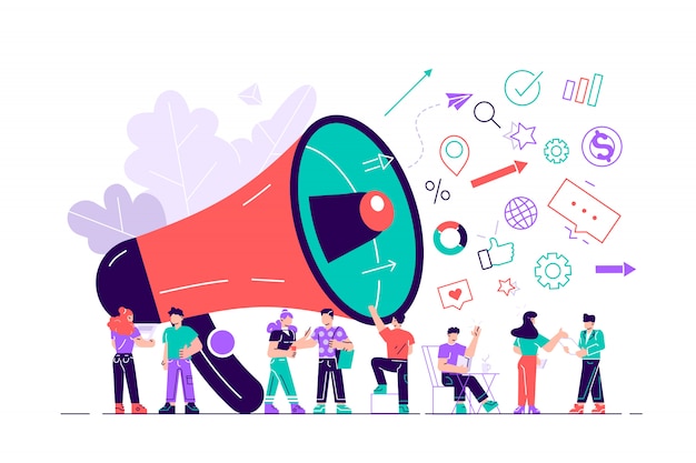 ilustração, estilo simples, promoção de negócios, publicidade, ligue através do chifre. Ilustração de design moderno estilo simples para página da web, cartões, cartaz, mídia social