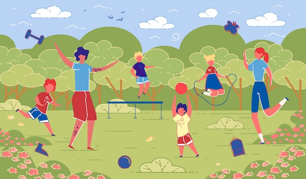 Ilustração Família atividades esportivas na natureza.