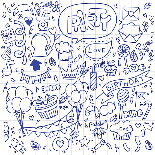 Ilustração feliz aniversário ornamentos fundo desenhado à mão livre doodle