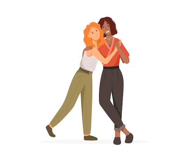 ilustração, feliz casal de lésbicas dos desenhos animados. Mulheres homossexuais bonitas juntos e se abraçando.