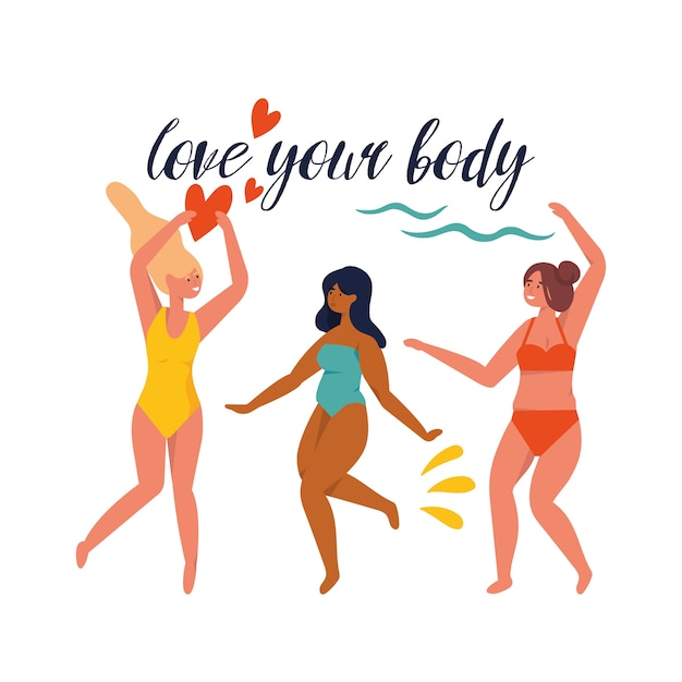 ilustração feliz plus size meninas vestindo maiô em movimento. Corpo positivo.