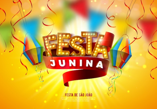 Ilustração festa junina com letras de outdoor de lâmpada e lanterna de papel em fundo amarelo