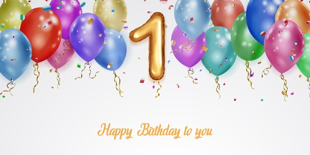 Vetor ilustração festiva de aniversário com balões de hélio colorido grande número 1 balão de folha dourada voando pedaços brilhantes de serpentina e inscrição feliz aniversário em fundo branco