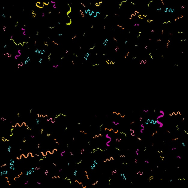 Ilustração festiva vetorial de confetes coloridos de confetes brilhantes caindo isolados em fundo preto preto férias elemento decorativo de enfeites para design