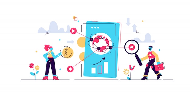 Ilustração fintech. conceito de pessoa pequena tecnologia financeira. método bancário do ciberespaço com smartphones para serviços bancários móveis, serviços de investimento e criptomoeda. transferência de dinheiro econômica