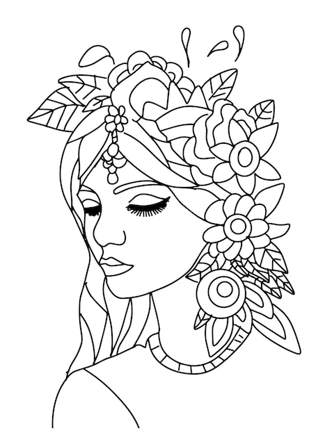 Ilustração floral do cabelo da mulher da página do livro para colorir adulto