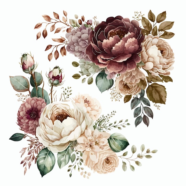 Ilustração floral em aquarela casal bege bordô Modelo de elementos decorativos Ilustração plana dos desenhos animados isolada no fundo branco