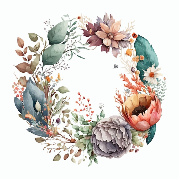 Ilustração floral em aquarela com colagem de flores em forma de coroa Modelo de elementos decorativos Ilustração plana dos desenhos animados isolada no fundo branco