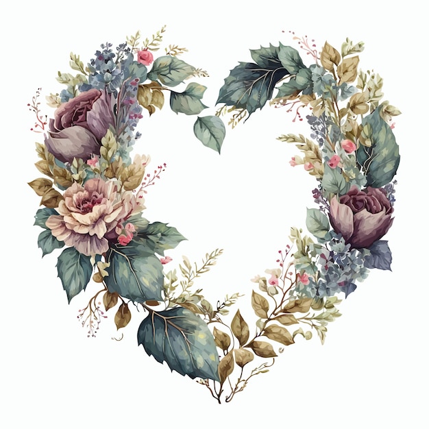 Ilustração floral em aquarela com coroa de flores em forma de coração Modelo de elementos decorativos Ilustração plana dos desenhos animados isolada no fundo branco