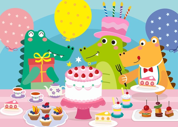 Vetor ilustração fofa de feliz aniversário com crocodilo