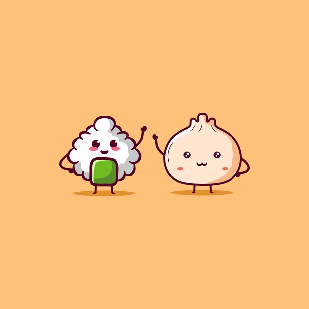 Ilustração fofa de Kawaii onigiri e desenho animado de mascote dimsum