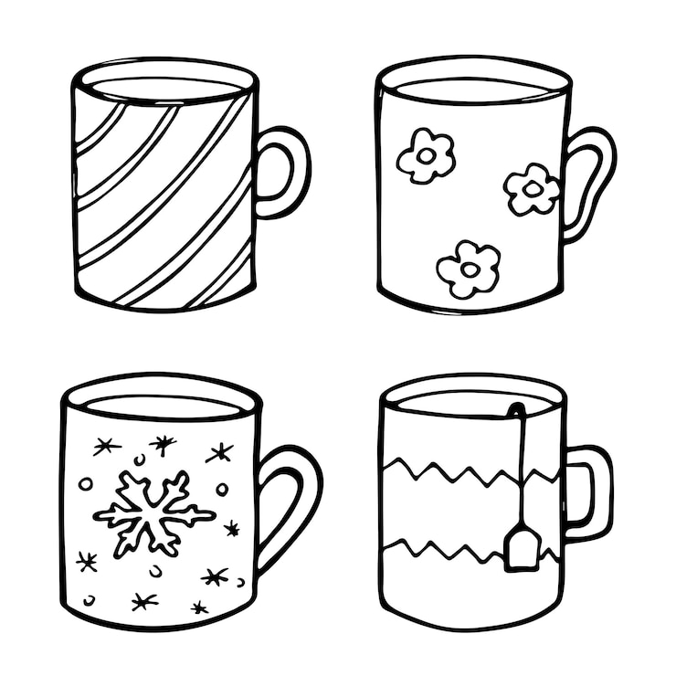 Vetor ilustração fofa de xícara de chá e café clipart de caneca simples conjunto de rabiscos em casa aconchegante