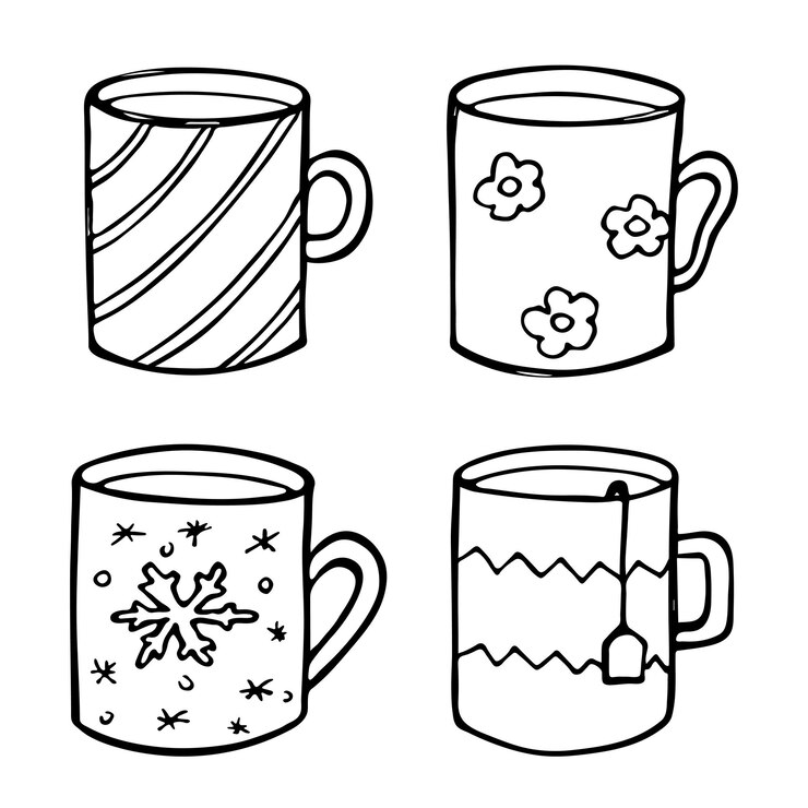 Vetor ilustração fofa de xícara de chá e café clipart de caneca simples conjunto de rabiscos em casa aconchegante