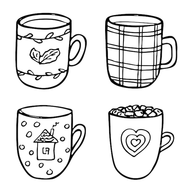 Vetor ilustração fofa de xícara de chá e café clipart de caneca simples conjunto de rabiscos em casa aconchegante