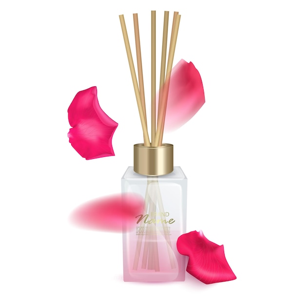 Ilustração frasco de vidro com palitos de aroma sticks of roses aroma ilustração realista