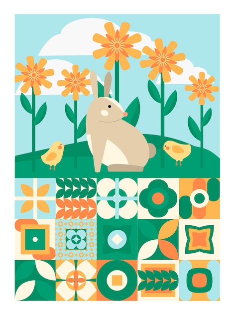 Ilustração geométrica com galinhas de coelho e flores amarelas com padrão de geometria neo