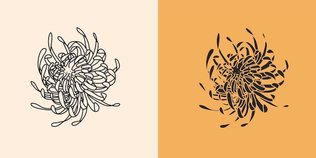 Ilustração gráfica abstrata com conjunto de elementos de logotipo, desenho de linha de flor e silhueta