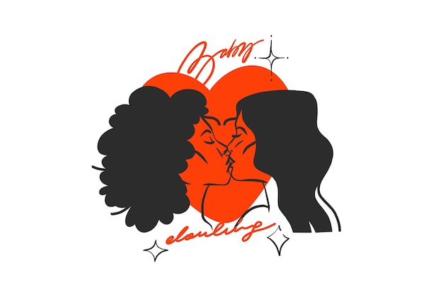 Ilustração gráfica abstrata de vetor desenhado à mão modelo de cartões de dia dos namorados retrato de casal de beijos de lésbicas definido na silhueta do coração casal de amor se beijando juntos dia dos namorados belo conceito de design