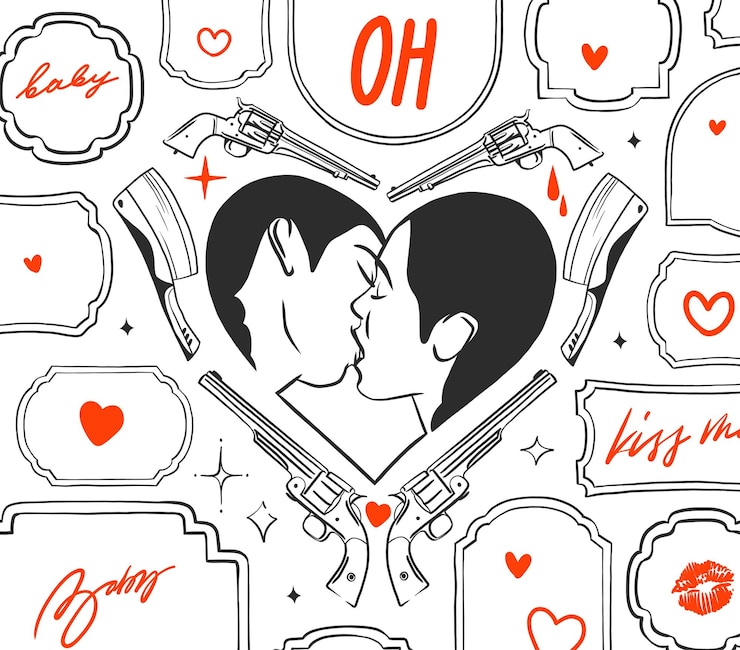 Vetor ilustração gráfica abstrata de vetor desenhado à mão modelo de cartões de dia dos namorados retrato de casal de beijos de lésbicas definido na silhueta do coração casal lgbt se beijando juntos dia dos namorados belo conceito de design