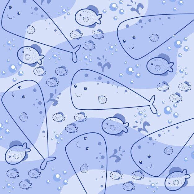 Vetor ilustração gráfica padrão sem emenda de baleia de peixe pequeno bonito no vetor de fundo de onda azul plana