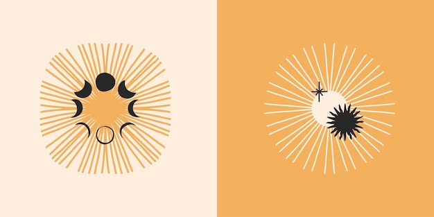 Ilustração gráfica plana de estoque abstrato vetorial desenhada à mão com elemento de logotipo, emblema minimalista mágico de astrologia boêmia de silhuetas místicas de sol e lua, estilo simples para branding.