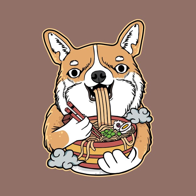 Ilustração gráfica vetorial de desenho animado de cachorro corgi comer macarrão ramen com estilo japonês retrô vintage