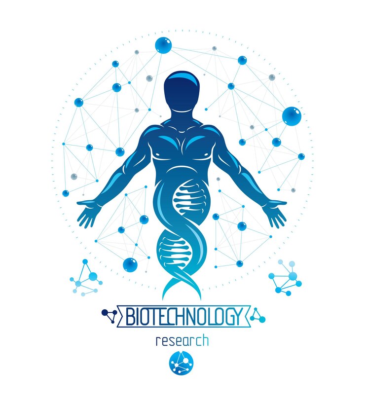 Vetor ilustração gráfica vetorial de macho forte descrito como continuação do símbolo de dna e criado com conexões de wireframe. bioengenharia como direção da genética.