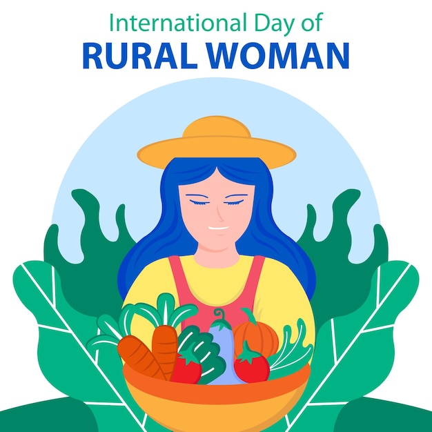 Ilustração gráfica vetorial de uma menina da aldeia carregando uma cesta cheia de legumes e frutas