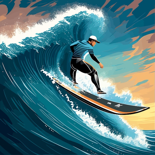 Ilustração homem do oceano surfando grandes ondas dia