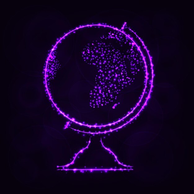 Ilustração ícone do globo luzes de cor violeta silueta em fundo escuro linhas e pontos brilhantes