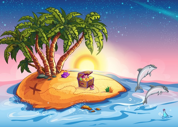 Ilustração ilha do tesouro ao pôr do sol e alegres golfinhos