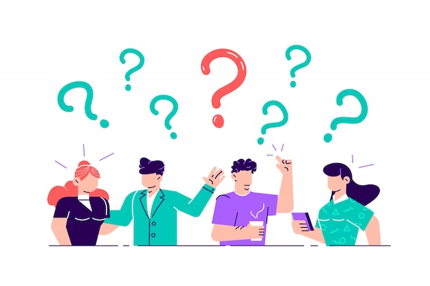 ilustração. Ilustração do conceito de pessoas freqüentemente fez perguntas em torno de pontos de interrogação. Resposta à pergunta metáfora -. Ilustração do estilo simples para a página da web, mídias sociais.