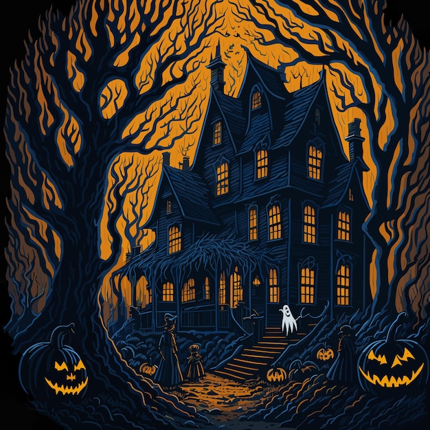 Vetor ilustração infantil cenário assustador de halloween com fantasmas abóboras morcegos e casa velha ao fundo