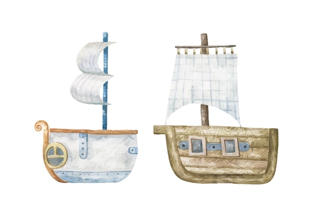 Vetor ilustração infantil com navios, barcos, velas, veículo de transporte aquático, crianças fofas, design, impressão, berçário