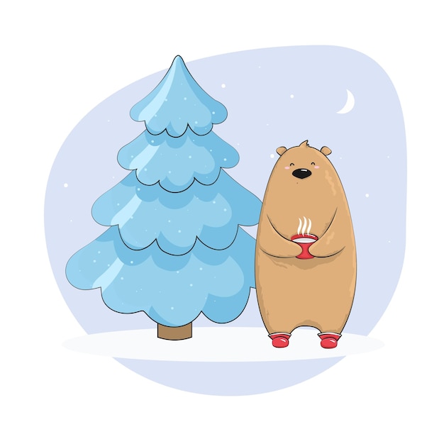 Vetor ilustração infantil de natal do urso fofo de ano novo com árvore de natal