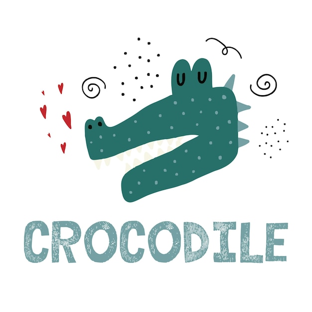 Ilustração infantil desenhada à mão de um crocodilo Cabeça de crocodilo fofa com corações