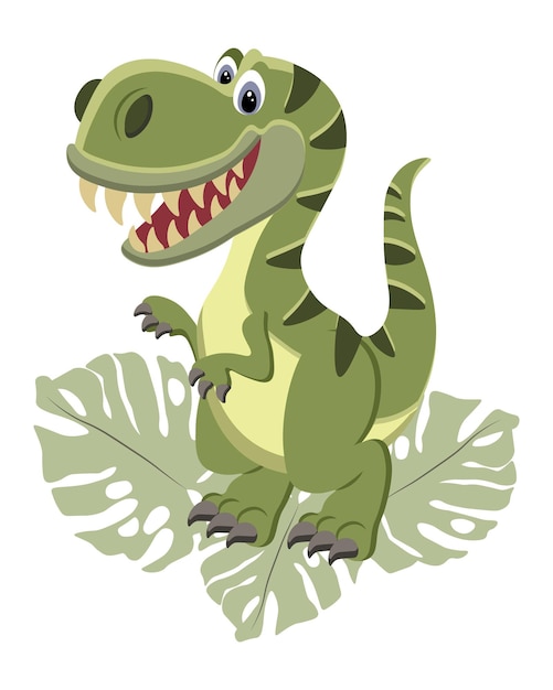 Ilustração infantil lindo dinossauro verde alegre e folhas tropicais
