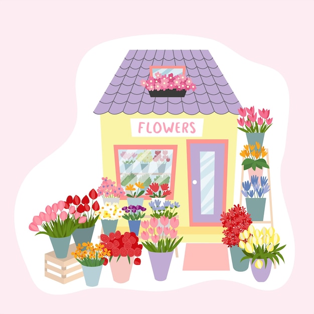 Vetor ilustração interior da fachada do mercado floral loja de flores em estilo plano decorada com plantas e flores