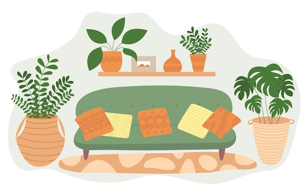 Vetor ilustração interior vetorial com sofá verde e almofadas interior aconchegante de estilo plano com ilustração de plantas domésticas