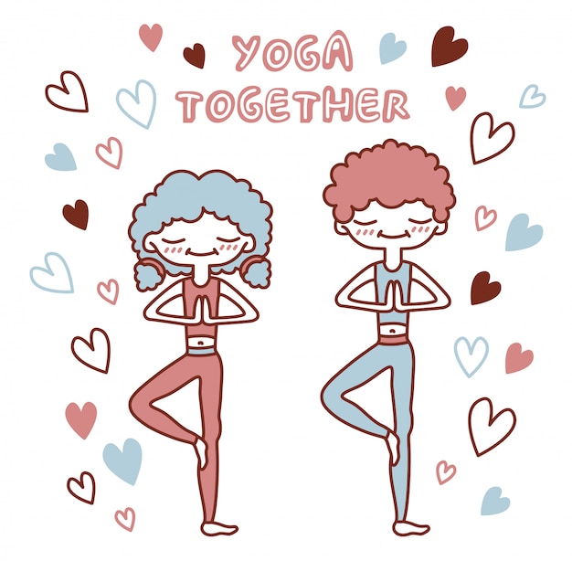 Ilustração isolada com pessoas bonitos em uma pose de árvore, rodeada de cor. casal apaixonado fazendo yoga. letras de ioga juntos.